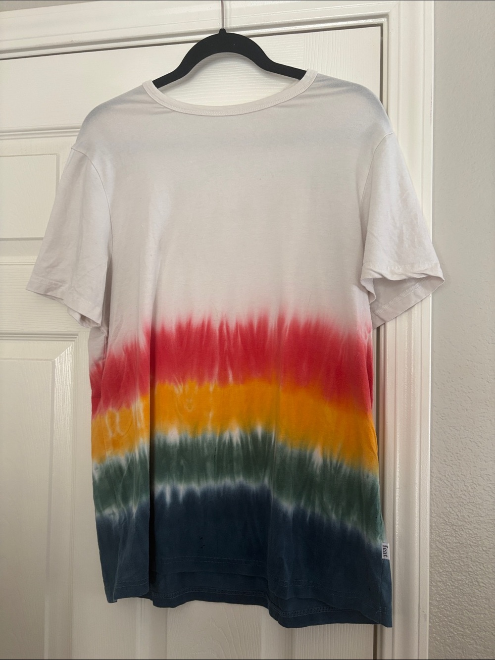 Men's White Tie-Dye Short Sleeve Tee with Multicolor Stripes